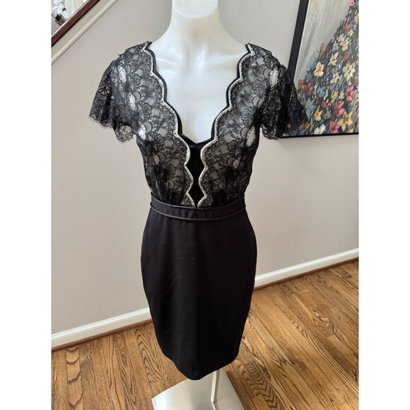 Catherine Deane Cap Sleeve V Neck Lace Panel Sheath Midi Dress Black Size 4 - Picture 1 of 4